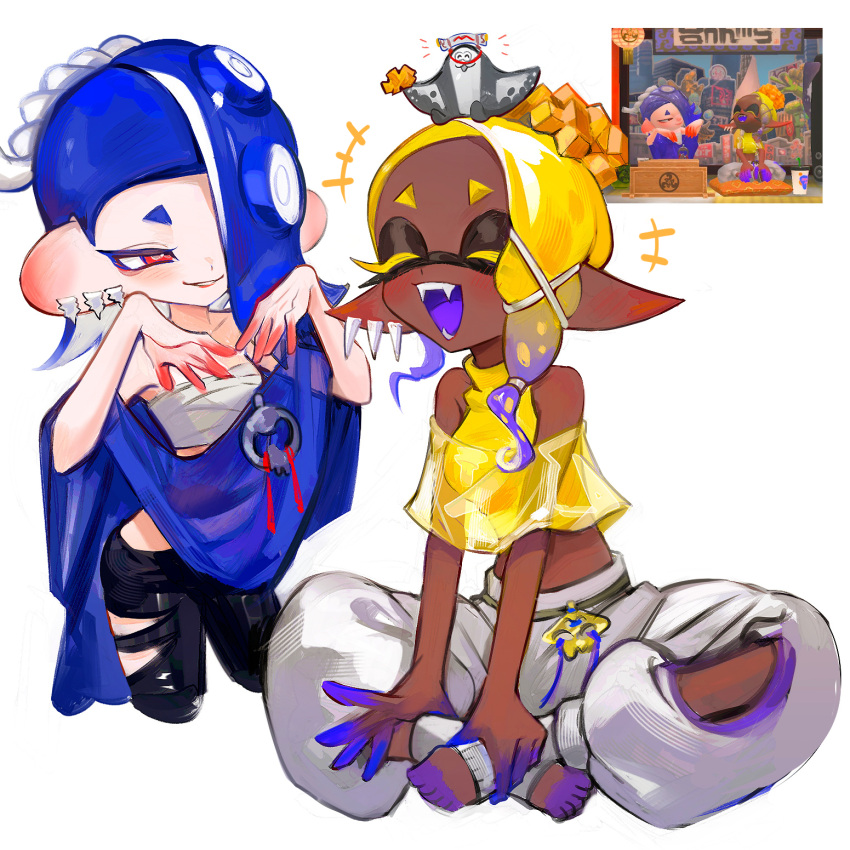 +++ 1boy 2girls ^_^ bare_shoulders big_man_(splatoon) black_pants blonde_hair blue_hair blue_shawl blush breasts chest_sarashi closed_eyes colored_eyelashes colored_tongue commentary crop_top dark-skinned_female dark_skin earrings fangs frye_(splatoon) gradient_hair grin hachimaki hair_ornament hair_over_one_eye hair_tie half-closed_eye hands_up harem_pants headband highres indian_style inkling jewelry kumo_(kumo_hsc0216) laughing long_hair looking_at_another manta_ray midriff_peek mini_person miniboy multicolored_hair multiple_earrings multiple_girls nejiri_hachimaki notice_lines octoling one_eye_covered open_mouth pants pointy_ears purple_hair purple_tongue red_eyes reference_inset sarashi screenshot_inset shawl shirt shiver_(splatoon) short_eyebrows sitting sleeveless sleeveless_shirt small_breasts smile socks splatoon_(series) splatoon_3 suction_cups tentacle_hair toeless_footwear tooth_earrings torn_clothes torn_pants two-tone_hair white_background white_pants white_socks x_hair_ornament yellow_shawl yellow_shirt