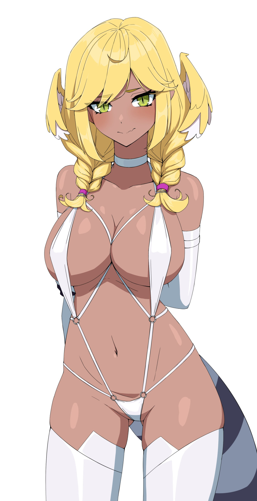 1girl absurdres alternate_eye_color alternate_hair_color alternate_skin_color blonde_hair braid breasts choker cowboy_shot dark-skinned_female dark_skin daydarion elbow_gloves gloves green_eyes head_wings highres huge_breasts long_hair looking_at_viewer nijisanji nijisanji_en selen_tatsuki simple_background slingshot_swimsuit slit_pupils solo swimsuit tail thighhighs twin_braids virtual_youtuber white_background white_choker white_slingshot_swimsuit white_thighhighs wings