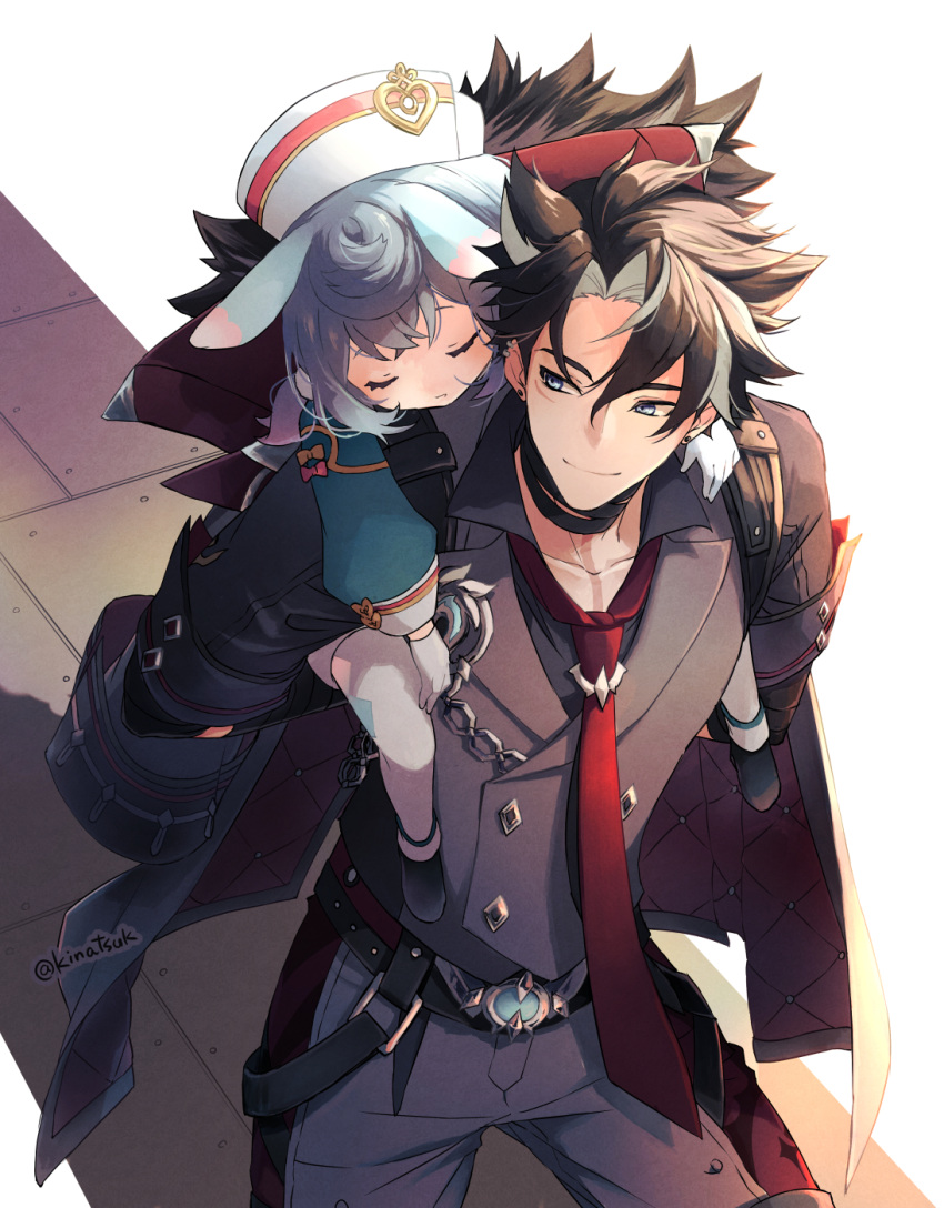 1boy 1girl arm_around_neck bandaged_neck bandages belt black_hair blue_eyes carrying carrying_person closed_eyes closed_mouth ear_piercing earrings genshin_impact gloves grey_hair grey_vest hair_between_eyes hair_ears hat height_difference highres jacket jacket_on_shoulders jewelry kinatsu_k long_sleeves multicolored_hair necktie nurse_cap pants piercing piggyback red_necktie scar scar_on_cheek scar_on_face scar_on_neck shirt short_hair sigewinne_(genshin_impact) sleeping smile stud_earrings two-tone_hair vest walking wriothesley_(genshin_impact)