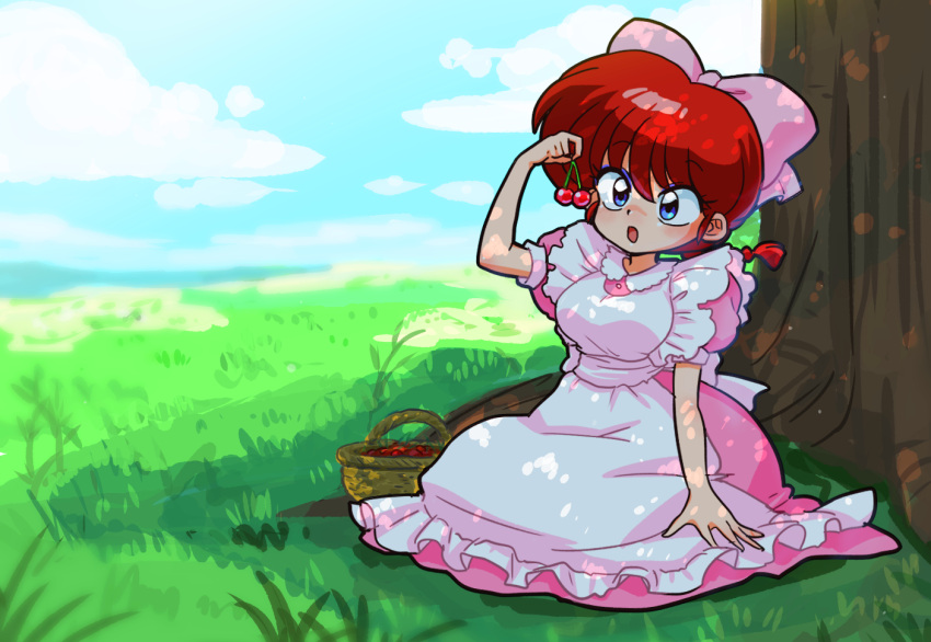 1girl apron arm_at_side arm_up basket blue_eyes blue_sky bow braid braided_ponytail cherry cloud dress eating food fruit fruit_basket genderswap genderswap_(mtf) hair_bow long_dress on_grass outdoors pink_bow pink_dress ranma-chan ranma_1/2 red_hair saotome_ranma sitting sky tree under_tree wanta_(futoshi) white_apron