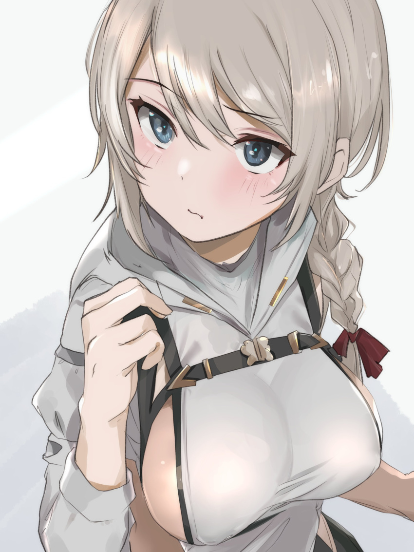 1girl absurdres adelaide_bluthausen airport96 alice_gear_aegis blush bow braid breasts commentary_request grey_eyes grey_hair grey_sweater hair_bow highres large_breasts looking_at_viewer side_braid sideboob solo sweater wavy_mouth