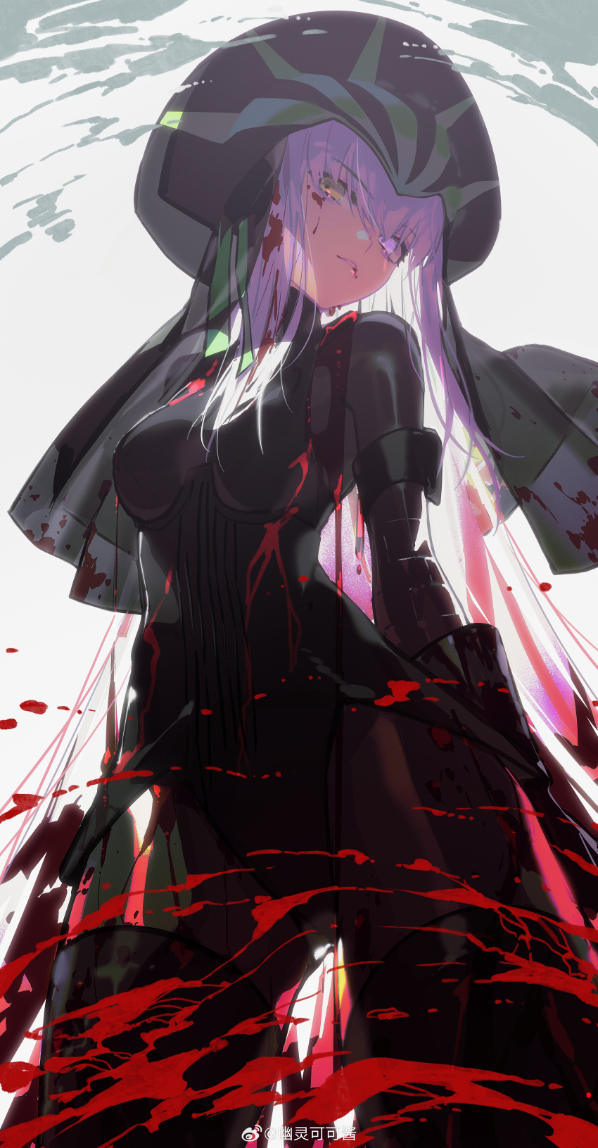 1girl absurdres black_bodysuit blood blood_on_clothes blunt_bangs bodysuit fate/grand_order fate_(series) heterochromia highres kingprotea_(fate) long_hair looking_at_viewer purple_hair solo very_long_hair xochitonal_(fate) youling_keke