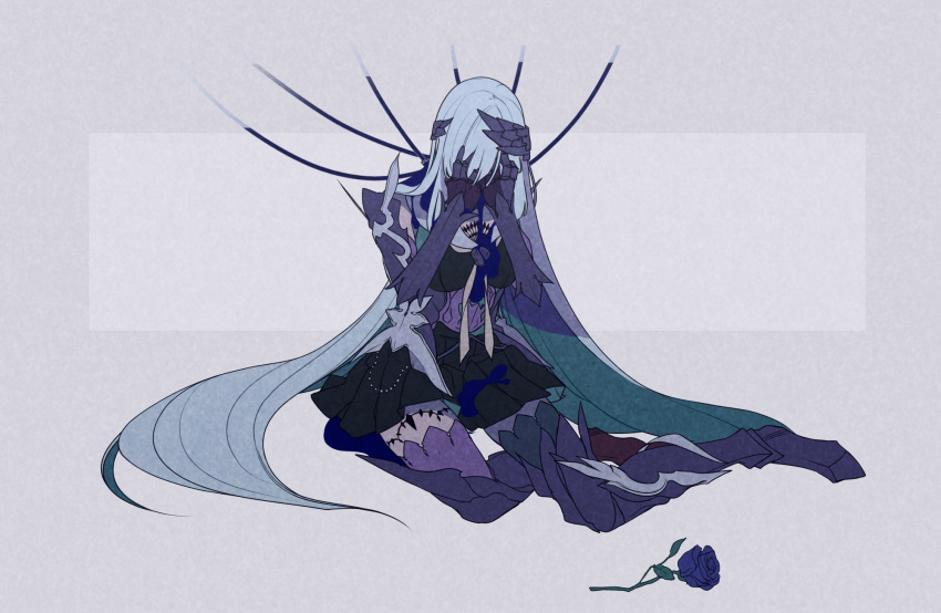 1girl 7wata_himori aqua_hair black_dress brynhildr_(fate) colored_inner_hair dress fate/prototype fate/prototype:_fragments_of_blue_and_silver fate_(series) flower full_body gauntlets grey_background hands_on_own_face highres long_hair multicolored_hair plackart purple_flower sabaton simple_background sitting solo two-tone_hair very_long_hair white_hair wing_hair_ornament yokozuwari