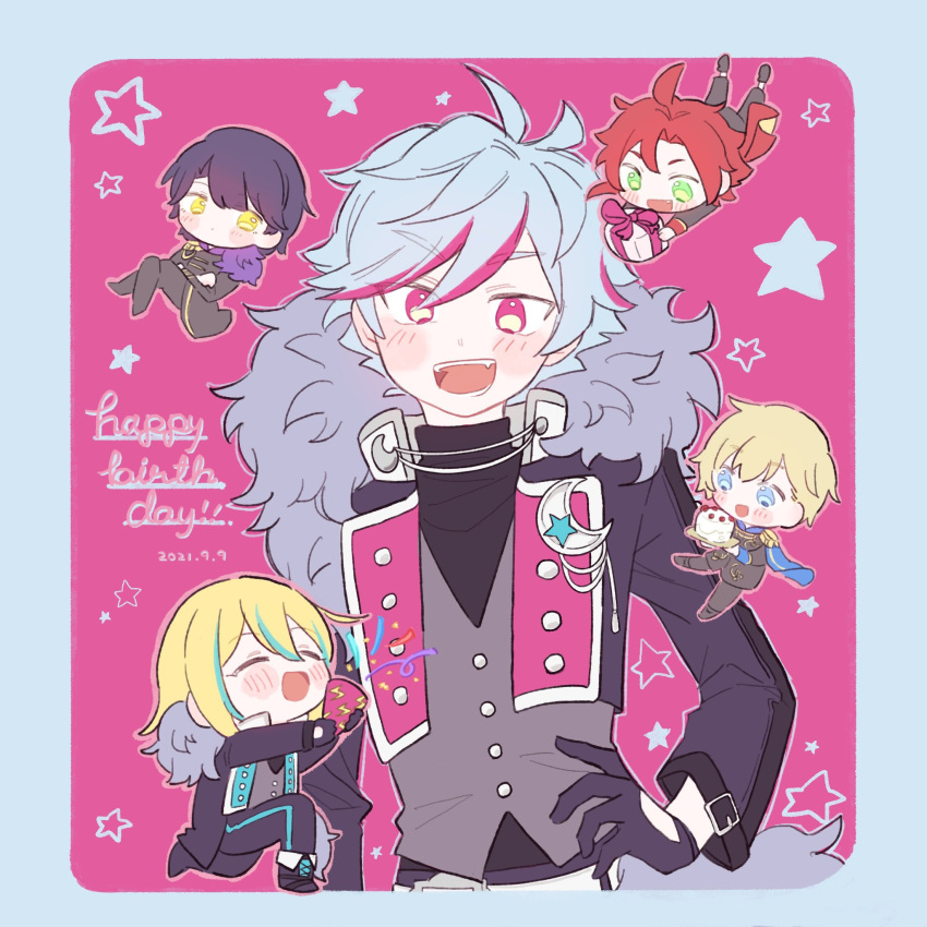 5boys :d black_gloves black_jacket black_pants blonde_hair blue_eyes blue_hair blush border chibi closed_eyes commentary_request crescent cropped_torso dated fang gift gloves green_eyes grey_border hair_between_eyes hand_on_own_hip happy_birthday highres holding holding_gift idol_land_pripara idol_time_pripara jacket long_hair long_sleeves looking_at_viewer male_focus mini_person miniboy mitaka_asahi multicolored_hair multiple_boys ooedo_shinya open_mouth pants party_popper pink_background pink_eyes pink_hair poro_(pweedro) pretty_series pripara red_hair short_hair smile solo_focus streaked_hair takase_koyoi upper_body ushimitsu_(pripara) yellow_eyes yumekawa_shogo