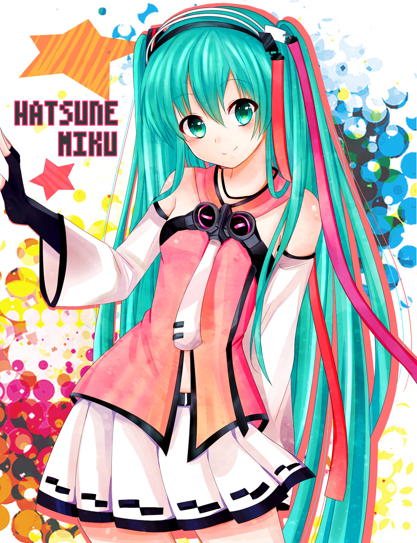 character_name detached_sleeves fingerless_gloves freely_tomorrow_(vocaloid) gloves green_eyes green_hair hatsune_miku highres long_hair necktie project_diva_(series) project_diva_f shirozakana skirt smile solo star very_long_hair vocaloid