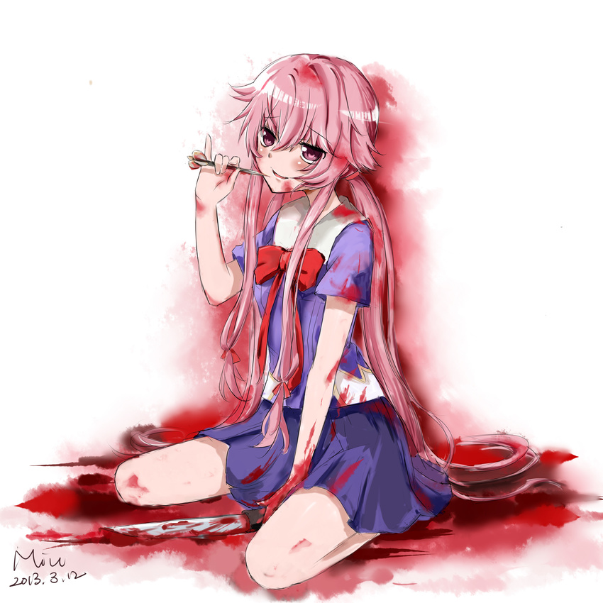 absurdres blood bloody_hair bloody_hands bloody_knife dated gasai_yuno highres knife long_hair mirai_nikki miu_(lfalsita01) pink_eyes pink_hair pleated_skirt purple_skirt school_uniform sitting skirt solo