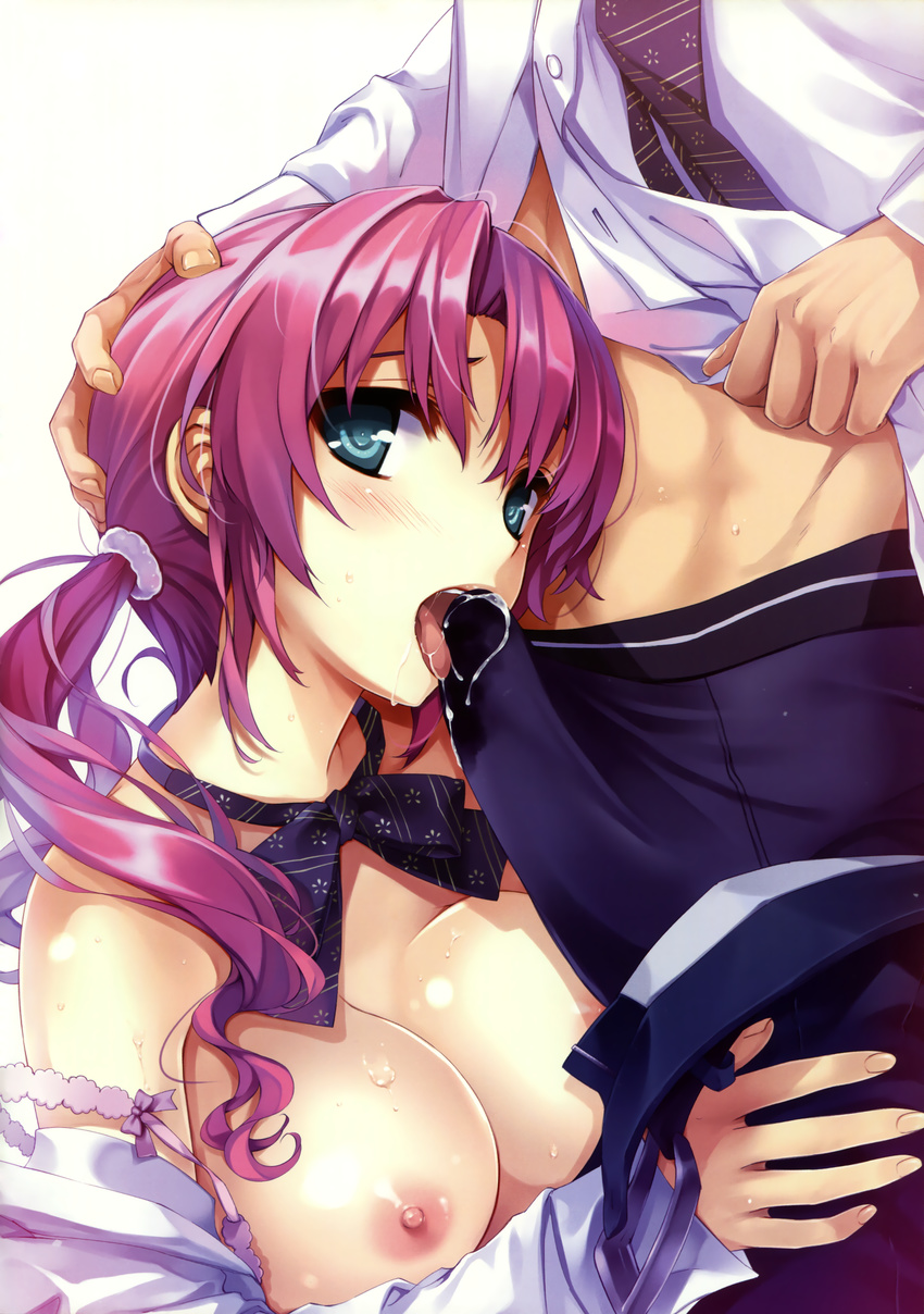 1girl absurdres aqua_eyes blue_briefs breast_press breasts briefs cleavage comic_aun erection erection_under_clothes fellatio hand_on_another's_head head_grab hetero highres large_breasts low_twintails misaki_kurehito nipples off_shoulder open_clothes open_shirt oral pants_pull pink_hair precum saliva shirt strap_slip sweat through_clothes tongue tongue_out twintails underwear utsugi_sari