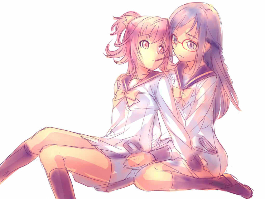 aida_mana bad_id bad_pixiv_id blue_sailor_collar couple dodai_shouji dokidoki!_precure eye_contact flipped_hair food glasses hand_on_shoulder hishikawa_rikka long_hair looking_at_another multiple_girls oogai_daiichi_middle_school_uniform pink_eyes pink_hair pocky pocky_kiss precure purple_eyes purple_hair sailor_collar school_uniform shared_food short_hair simple_background sitting sketch white_background yuri