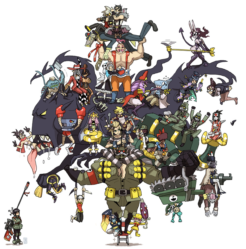 6+girls absolutely_everyone adam_kapowski aeon_(skullgirls) afterimage ahoge andy_anvil annie_(skullgirls) anvil apron armband balancing bandana barefoot beatrix_(skullgirls) beowulf_(skullgirls) big_band black_dahlia black_egrets black_hair black_legwear blonde_hair bloody_marie_(skullgirls) blue_skin boots boxing_gloves braid brain_drain_(skullgirls) breasts brown_hair bun_cover capri_pants chain chair chinese_clothes cleavage cleaver closed_umbrella crossed_arms crossed_legs cuffs cyborg d._violet dark_skin double_v drill_hair dual_persona emlan everyone eyepatch facial_hair feng_(skullgirls) filia_(skullgirls) fins fish_girl folding_chair garrison_cap gas_mask giantess glasses green_hair grenade_launcher ground_vehicle gun hair_bun hair_ornament hair_over_one_eye hat hat_feather heart_ahoge helmet highres hive_(skullgirls) hood horn hubrecht_hertz_adelhardt hug hungern_(skullgirls) ileum_(skullgirls) instrument isaac_(skullgirls) juju_(skullgirls) knee_pads knees_together_feet_apart knife large_breasts leduc_(skullgirls) lifting maid maid_headdress mask md5_mismatch military military_uniform military_vehicle minette_(skullgirls) molly_(skullgirls) monster monster_boy monster_girl motor_vehicle mrs._victoria_(skullgirls) multicolored_hair multiple_boys multiple_girls muse_(skullgirls) mustache noogie open_mouth ottomo_(skullgirls) pants pantyhose panzerfaust_(skullgirls) personification pink_hair prison_clothes purple_hair raincoat regina_(skullgirls) rifle robot roxie_(skullgirls) rubber_boots sagan_(skullgirls) samson_(skullgirls) scope scythana shackles shark sharp_teeth shirtless sitting sitting_on_person size_difference skull_hair_ornament skullgirls sniper_rifle stanley_whitefin striped stuffed_animal stuffed_bunny stuffed_toy superhero suspenders taliesin_(skullgirls) tank teacher teeth the_hurting thigh_boots thigh_grab thighhighs twin_braids two-tone_hair umbrella umbrella_(skullgirls) uniform upside-down v veil venus_(skullgirls) very_dark_skin weapon white_hair white_legwear yu-wan_(skullgirls)