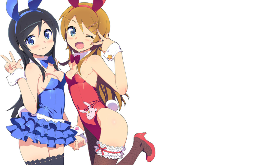 ;d animal_ears aragaki_ayase bare_shoulders black_hair black_legwear blue_eyes blush brown_legwear bunny_ears bunny_tail bunnysuit cuffs fang fishnets hairband holding_hands kousaka_kirino multiple_girls one_eye_closed ootomo_takuji open_mouth orange_hair ore_no_imouto_ga_konna_ni_kawaii_wake_ga_nai smile tail thighhighs v_over_eye