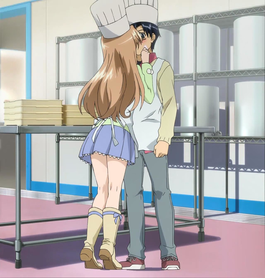 1girl apron ayase_yuuto blue_hair boots brown_hair chef_hat couple emotion hat hetero highres kiss kitchen long_hair nogizaka_haruka nogizaka_haruka_no_himitsu pleated_skirt screencap skirt tray