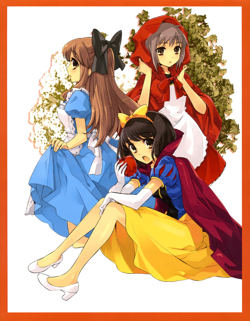 absurdres alice_(wonderland) alice_(wonderland)_(cosplay) alice_in_wonderland apple apron asahina_mikuru black_hair blush border brown_eyes brown_hair cape cosplay dress food fruit gloves grey_hair high_heels highres hood hoodie itou_noiji little_red_riding_hood little_red_riding_hood_(grimm) little_red_riding_hood_(grimm)_(cosplay) long_hair multiple_girls nagato_yuki open_mouth red_border shoes short_hair snow_white snow_white_(cosplay) snow_white_(grimm) snow_white_and_the_seven_dwarfs suzumiya_haruhi suzumiya_haruhi_no_yuuutsu