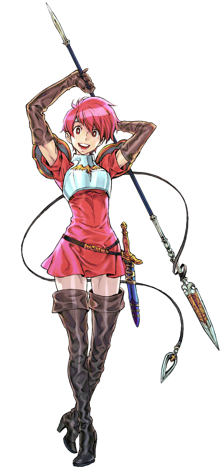 absurdres armor arms_up boots breastplate bright_pupils elbow_gloves est fire_emblem fire_emblem:_kakusei fire_emblem:_monshou_no_nazo full_body gloves headband highres nishimura_kinu open_mouth pink_hair polearm red_eyes spear sword thigh_boots thighhighs weapon