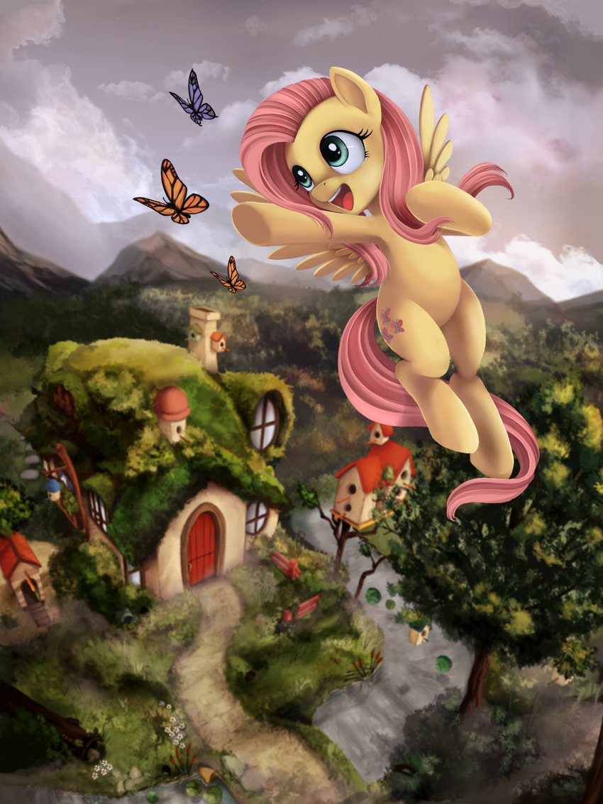 arthropod bridge bush butterfly cloud cutie_mark detailed_background equine female feral flower fluttershy_(mlp) flying friendship_is_magic fur grass green_eyes hair hi_res horse house insect looking_away mammal mountain my_little_pony open_mouth pegasus pink_hair plant pony ponykillerx river sky smile solo tongue tree wings yellow_fur