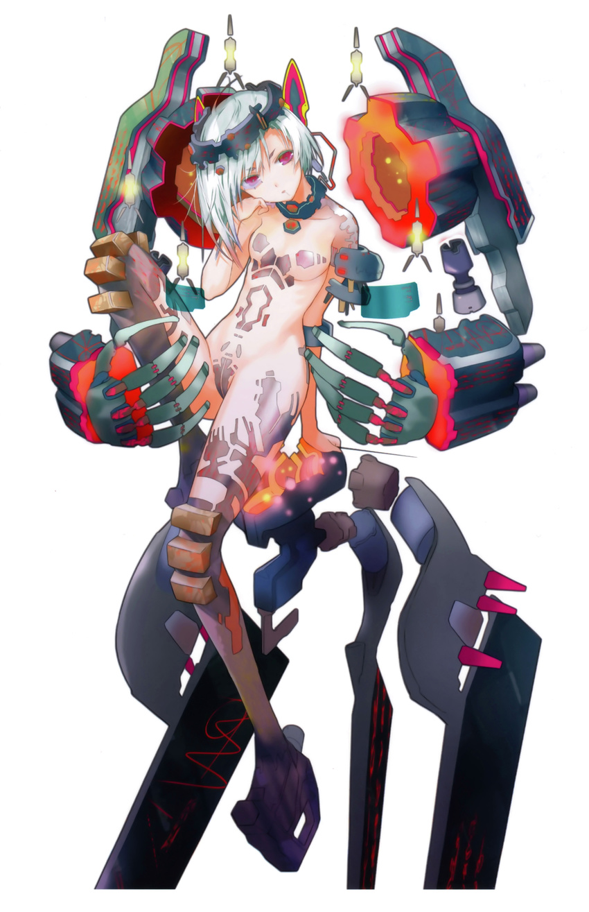 absurdres arm_support black_legwear boots breasts collar fuyuno_haruaki head_tilt headgear highres leg_lift mechanical_arms medium_breasts million_arthur_(series) purple_eyes scan scouter simple_background solo thigh_boots thighhighs white_background white_hair