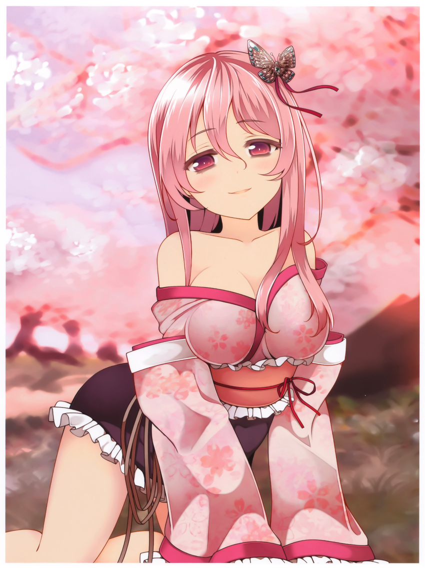 1girl absurdres bare_shoulders blush breasts cleavage hair_ornament happy highres japanese_clothes kaku-san-sei_million_arthur kimono kneeling large_breasts legs long_hair looking_at_viewer no_bra pink_eyes pink_hair pose posing smile solo thighs tree