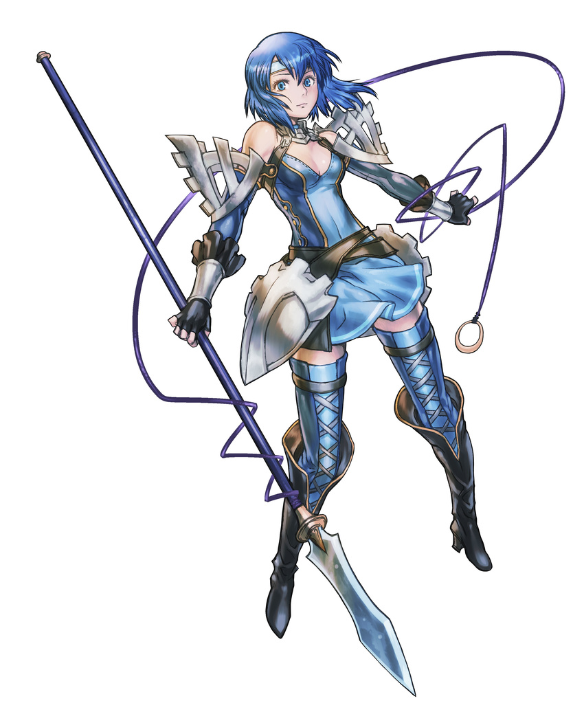 absurdres armor armored_dress bare_shoulders blue_eyes blue_hair boots fingerless_gloves fire_emblem fire_emblem:_kakusei fire_emblem:_monshou_no_nazo full_body gloves headband high_heels highres hino_shinnosuke katua official_art polearm shoes skirt solo spear thighhighs weapon white_background