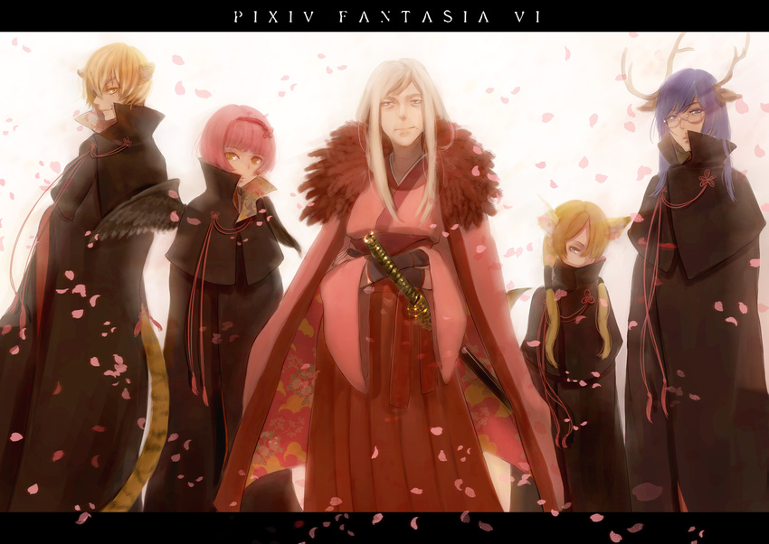 animal_ears blonde_hair blue_hair glasses horns katana kito_(coyo) petals pink_hair pixiv_fantasia sword weapon wings