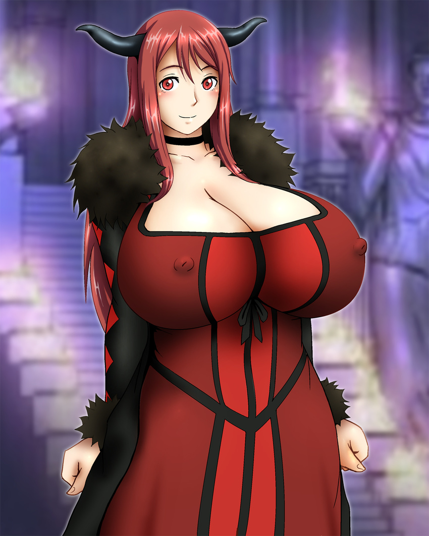 1girl blush breasts cleavage covered_nipples dress erect_nipples highres horn huge_breasts inomaru long_hair looking_at_viewer maou_(maoyuu) maoyuu_maou_yuusha red_eyes red_hair smile solo stairs standing statue