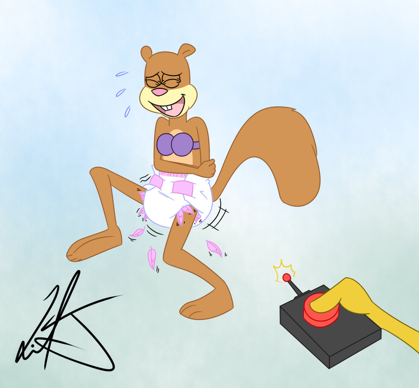 bra brown_fur diaper disembodied_hand duo eyes_closed female fur liljdude mammal open_mouth rodent sandy_cheeks signature simple_background spongebob_sqaurepants spongebob_squarepants squirrel tickling underwear