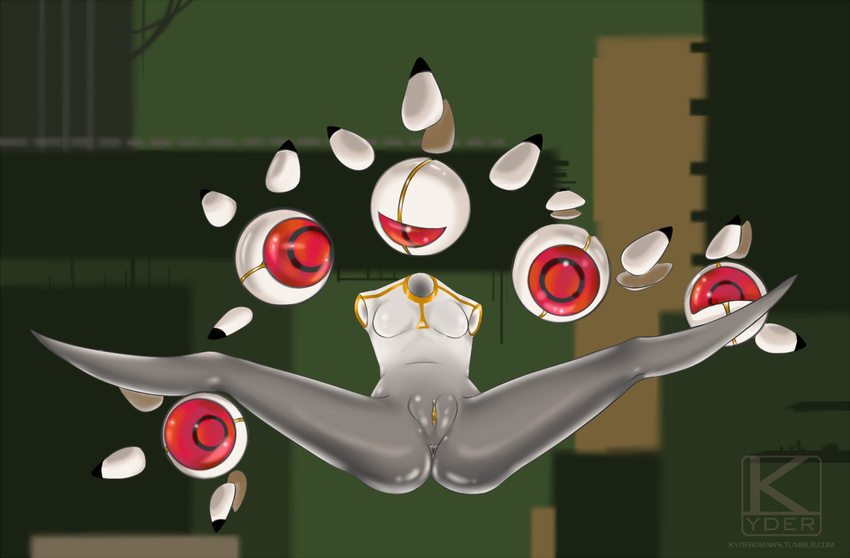 anus armless breasts female floating flying grey_skin kyder looking_at_viewer machine mechanical multiple_eyes nude pussy red_eyes robot small_breasts solo spread_legs spreading transistor transistor_(game) video_games white_skin young_lady