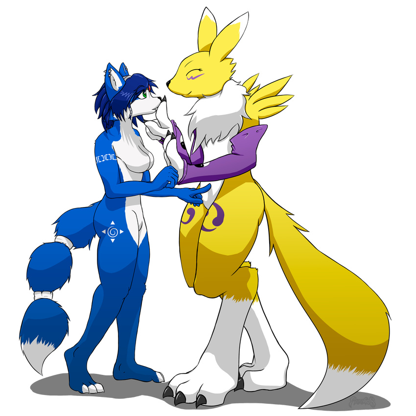 anthro blue_vixen breasts canine crossover digimon duo female fox freefox gloves green_eyes krystal mammal nintendo nipples plain_background renamon romantic side_view star_fox transparent_background video_games