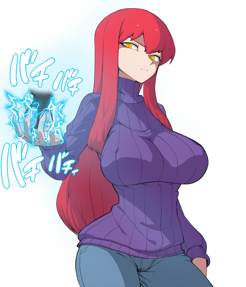 bad_id bad_pixiv_id bdsm biriri-ane_(space_jin) breasts contrapposto denim electricity femdom highres huge_breasts impossible_clothes impossible_sweater jeans jitome long_hair original outstretched_hand pants red_hair ribbed_sweater sidelocks slit_pupils solo space_jin standing sweater testicles torture turtleneck yellow_eyes