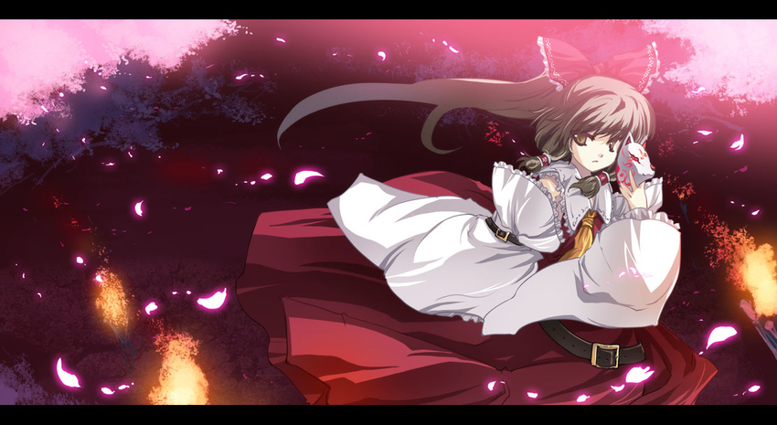 ascot brown_eyes brown_hair cherry_blossoms detached_sleeves fox_mask hakurei_reimu holding long_sleeves looking_at_viewer mask outdoors petals plant ribbon-trimmed_sleeves ribbon_trim solo tokiame touhou tree wind