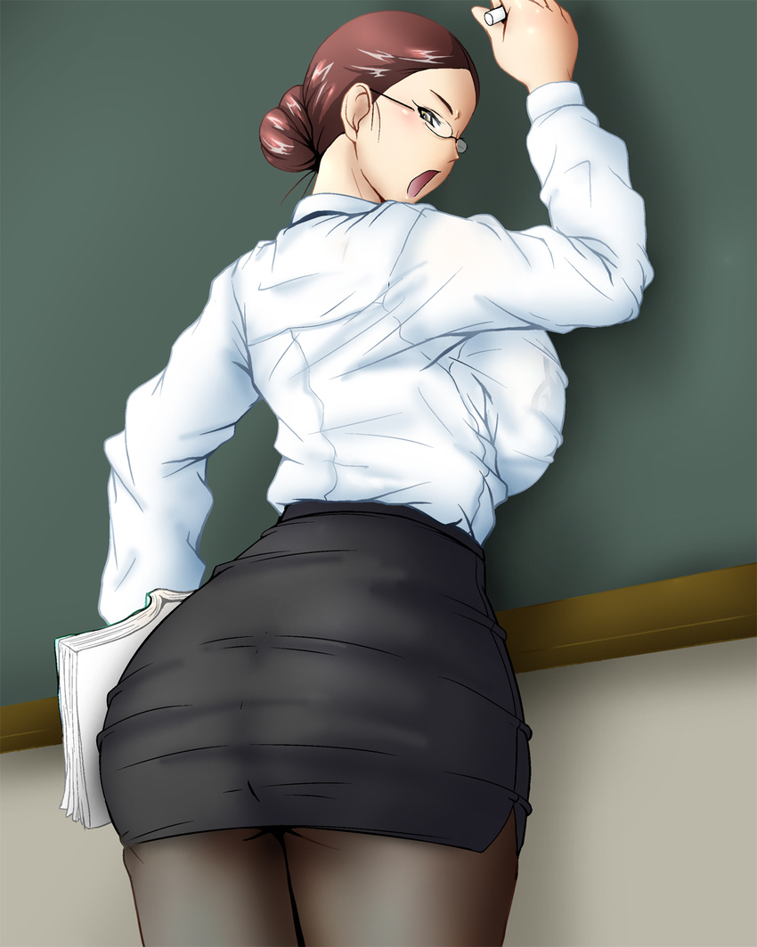 1girl ass blush book breasts brown_hair chalk chalkboard classroom formal gigantic_breasts glasses hair_bun hair_up highres holding huge_breasts indoors inomaru looking_back milf open_mouth pantyhose shirt short_hair skirt solo standing teacher white_shirt