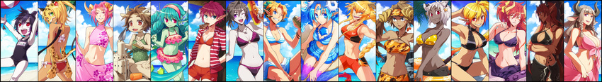 absurdres albino ars_goetia ball barbatos_(mygrimoire) beachball belial_(mygrimoire) berith_(mygrimoire) bikini black_hair blonde_hair blue_hair braid breasts brown_hair caim_(mygrimoire) can cleavage food gem green_eyes green_hair green_skin grey_skin grin haagenti_(mygrimoire) hairband heterochromia highres horns jewelry kyousaku large_breasts leviathan_(mygrimoire) lilith_(mygrimoire) long_hair long_image looking_back low-tied_long_hair monster_girl mouth_hold multiple_girls mygrimoire necklace one_eye_closed ose_(mygrimoire) phenex_(mygrimoire) pink_eyes pink_hair ponytail red_eyes ringlets sand_castle sand_sculpture short_hair sin_(mygrimoire) sitri_(mygrimoire) smile soda_can stolas_(mygrimoire) swimsuit tan twin_braids vepar_(mygrimoire) water_gun white_hair white_skin wide_image zagan_(mygrimoire)