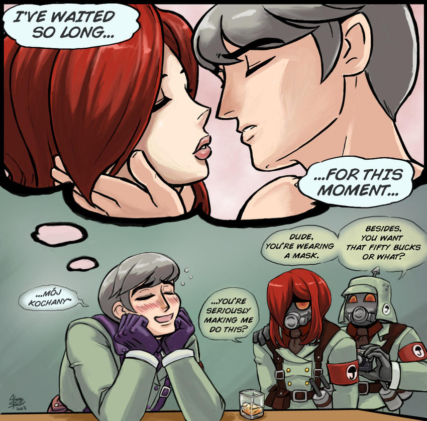 adam_kapowski alyssa_spector armband black_egrets blush chin_rest closed_eyes comic drunk english gas_mask gloves grey_hair imagining imminent_kiss lips long_hair military military_uniform multiple_boys parasoul_(skullgirls) polish red_hair short_hair skullgirls thought_bubble uniform wig