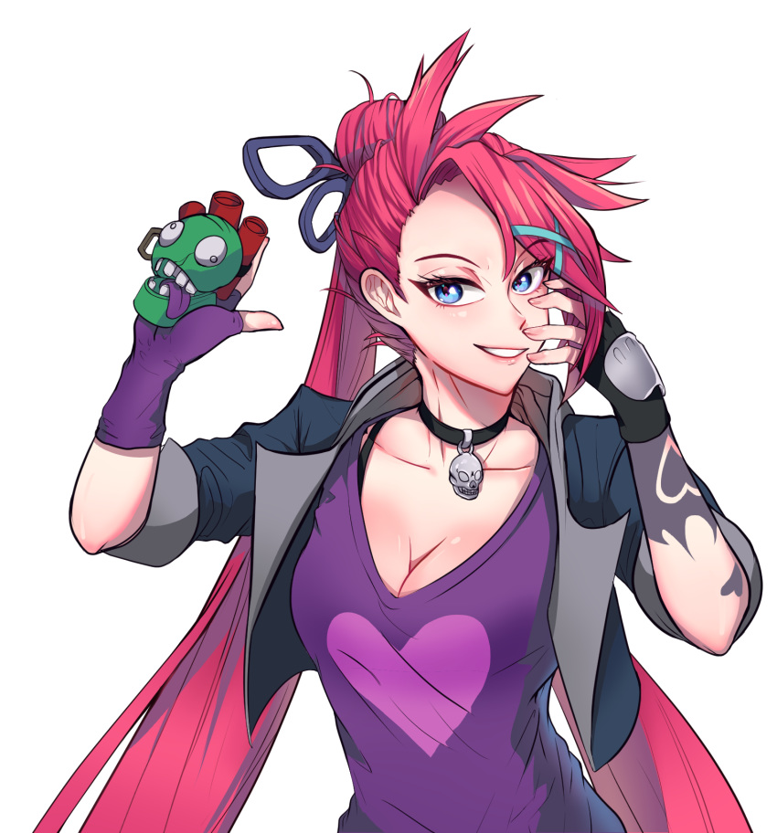 belt belt_buckle black_choker black_footwear black_ribbon blue_eyes breasts buckle choker cleavage earrings hair_ornament heart heart_print highres jacket jewelry jinx_(league_of_legends) league_of_legends long_hair looking_at_viewer pink_hair ribbon slayer_jinx smile solo tank_top tattoos teeth