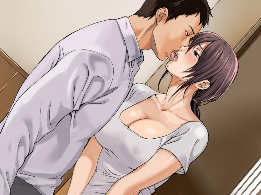 blush breasts brown_eyes brown_hair cleavage drooling dutch_angle erect_nipples eye_contact highres husband_and_wife indoors inkey kiss large_breasts long_hair looking_at_another matching_hair/eyes open_mouth original ponytail risou_no_oku-san_to!_shitaikoto,_zenbu saliva shirt standing tongue upper_body white_shirt