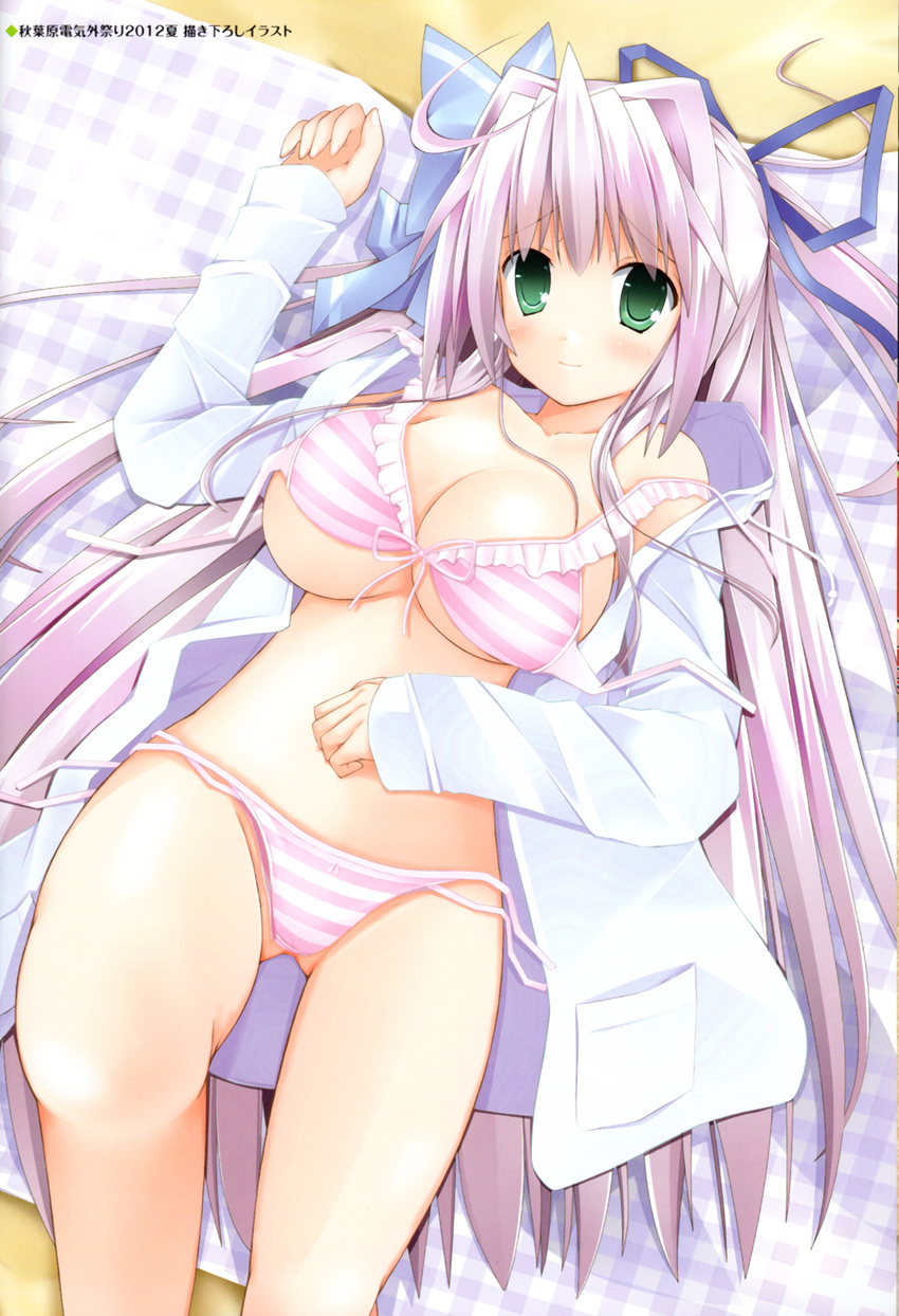 blush bow bow_bra bow_panties bra bra_removed breasts cleavage green_eyes highres kuon_itsuki large_breasts long_hair looking_at_viewer lying panties panties_removed pink_bra pink_hair pink_panties side-tie_panties standing striped striped_bra striped_panties tiny_dungeon underboob underwear untied untied_panties