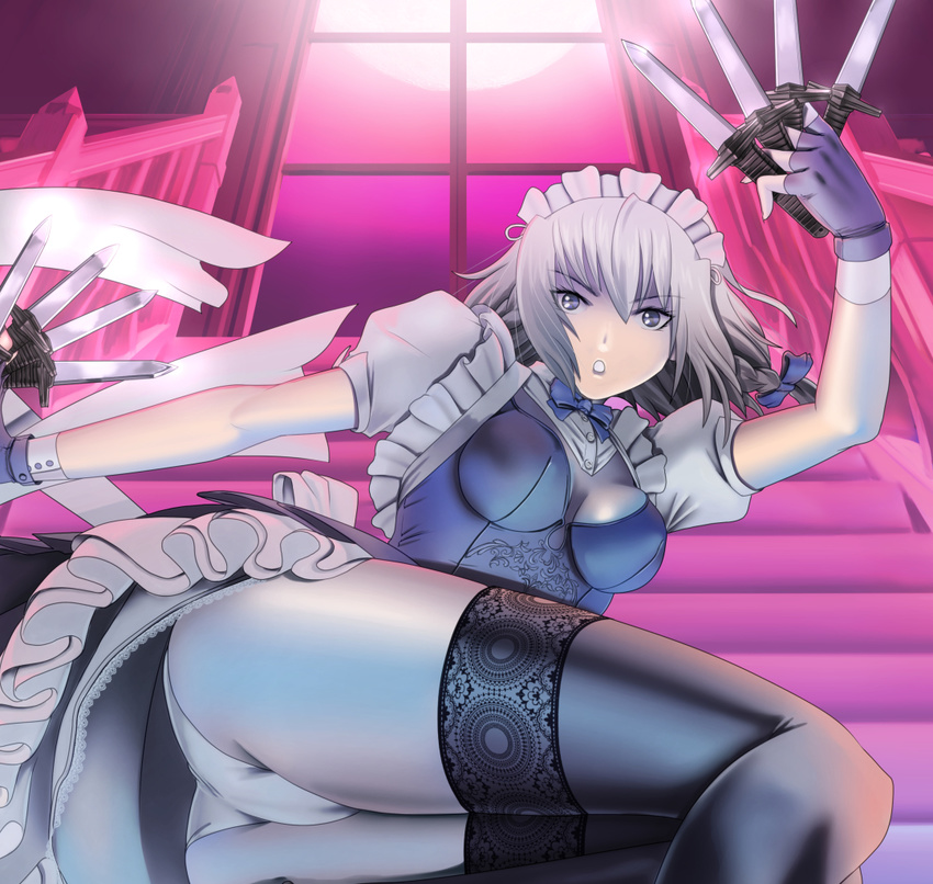 :o ass black_legwear breasts full_moon impossible_clothes impossible_shirt izayoi_sakuya knife lace lace-trimmed_thighhighs legs maid_headdress medium_breasts moon panties pantyshot raybar red_moon shirt short_hair silver_hair solo stairs thighhighs touhou underwear upskirt weapon white_panties