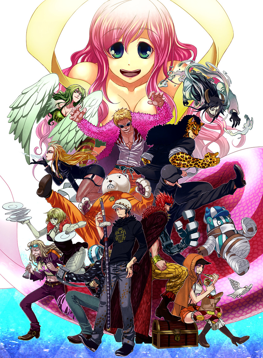 6+girls animal animal_ears apple aqua_eyes bandages bangle baseball_cap bear bepo bird black_hair blonde_hair boots bracelet breasts caesar_clown cat_ears chest cleavage clothes_writing collarbone cp9 denim doctor donquixote_doflamingo donquixote_family dr._kureha dress earrings eating eleven_supernova eustass_captain_kid eyewear_on_head face_mask fangs feathered_wings feathers fishnet_legwear fishnets food fruit fur_trim giantess glasses goggles goggles_on_head green_hair harpy hat hattori_(one_piece) helmet high_heel_boots high_heels highres holding_pizza horns jacket jeans jewelry jewelry_bonney jumpsuit kaku_(one_piece) kalifa katana kicking killer_(one_piece) kumacy large_breasts long_hair long_nose mask mechanical_arm mermaid monet_(one_piece) monster_boy monster_girl multiple_boys multiple_girls navel navel_cutout navel_piercing necktie old_woman one_piece ootachi open_clothes open_jacket open_mouth orange_hair otaki pants pantyhose pendant piercing pigeon pink_hair pizza plate polka_dot polka_dot_shirt princess purple_eyes red_hair rob_lucci scalpel sharp_teeth sheath sheathed shirahoshi shirt short_dress short_hair short_shorts shorts sleeves_pushed_up sleeves_rolled_up smile soap_bubbles spikes stitches striped striped_legwear striped_tail sunglasses suspenders sword tail tattoo teeth thighhighs trafalgar_law treasure_chest vial victoria_cindry weapon wings yellow_eyes zombie