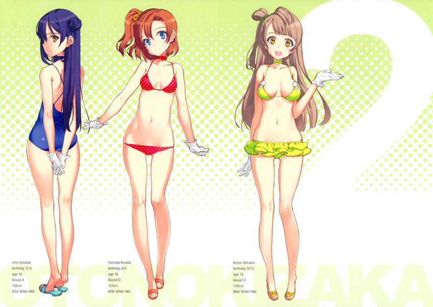 :d absurdres arms_behind_back ass bare_legs bare_shoulders bikini bikini_skirt blue_eyes breasts brown_eyes brown_hair casual_one-piece_swimsuit character_name choker cleavage gloves green_bikini hair_bun halftone halftone_background highres huge_filesize kousaka_honoka legs long_hair long_legs looking_at_viewer looking_back love_live! love_live!_school_idol_project medium_breasts minami_kotori multiple_girls navel one-piece_swimsuit one_side_up ooyari_ashito open_mouth orange_hair parted_lips polka_dot polka_dot_bikini polka_dot_swimsuit purple_eyes purple_hair sandals scan short_hair skindentation small_breasts smile sonoda_umi stats string_bikini swimsuit thighs white_gloves