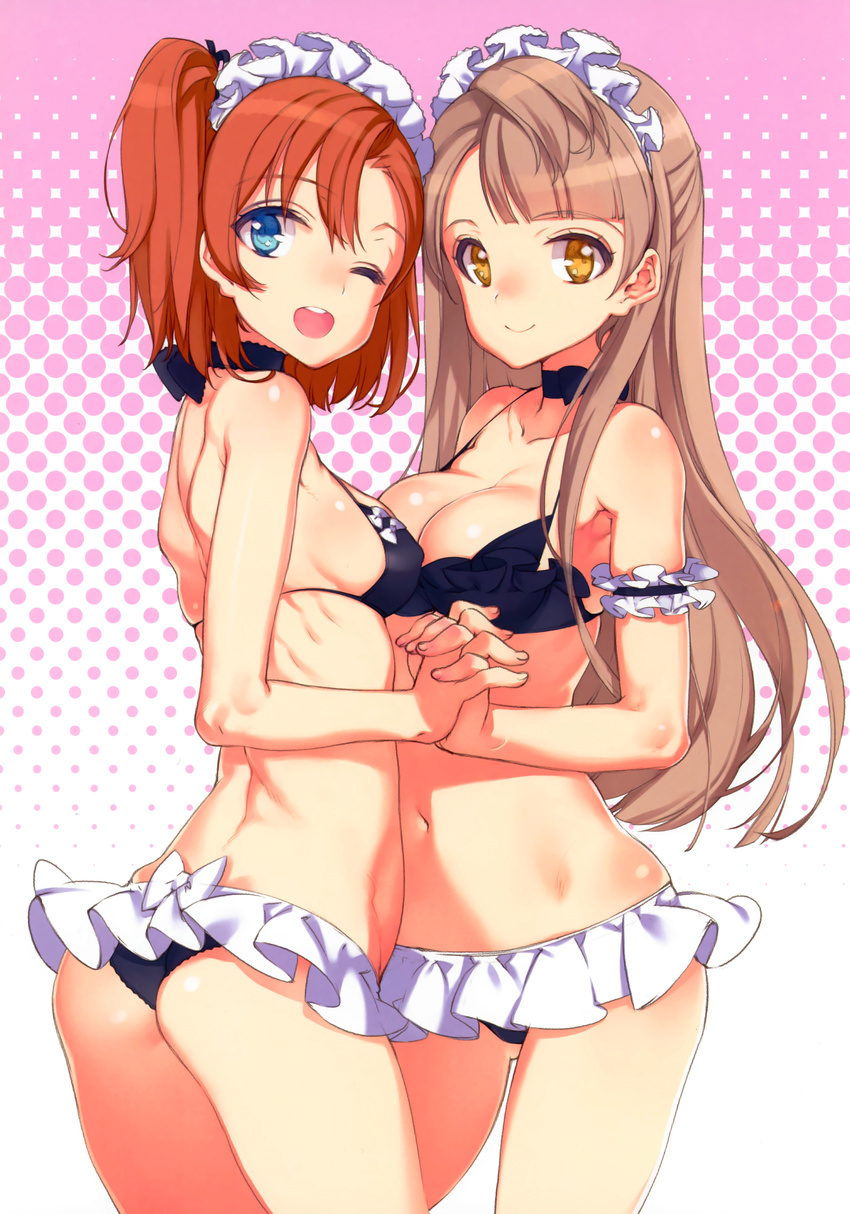 ;d absurdres arm_garter ass bare_shoulders blue_eyes breasts brown_eyes brown_hair choker cleavage collarbone halftone halftone_background highres holding_hands interlocked_fingers kousaka_honoka large_breasts long_hair looking_at_viewer love_live! love_live!_school_idol_project maid_bikini maid_headdress medium_breasts minami_kotori multiple_girls navel one_eye_closed one_side_up ooyari_ashito open_mouth orange_hair ribbon_choker scan short_hair smile