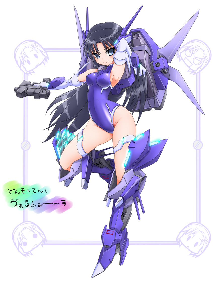 armpits black_hair blue_eyes blue_leotard breasts covered_nipples densou_tenshi_valforce elbow_gloves gloves groin gun handgun highres karukan_(monjya) kuroha_nagare leg_lift leg_up leotard long_hair looking_at_viewer mecha_musume medium_breasts pistol robot_ears smile solo standing standing_on_one_leg thrusters weapon white_gloves