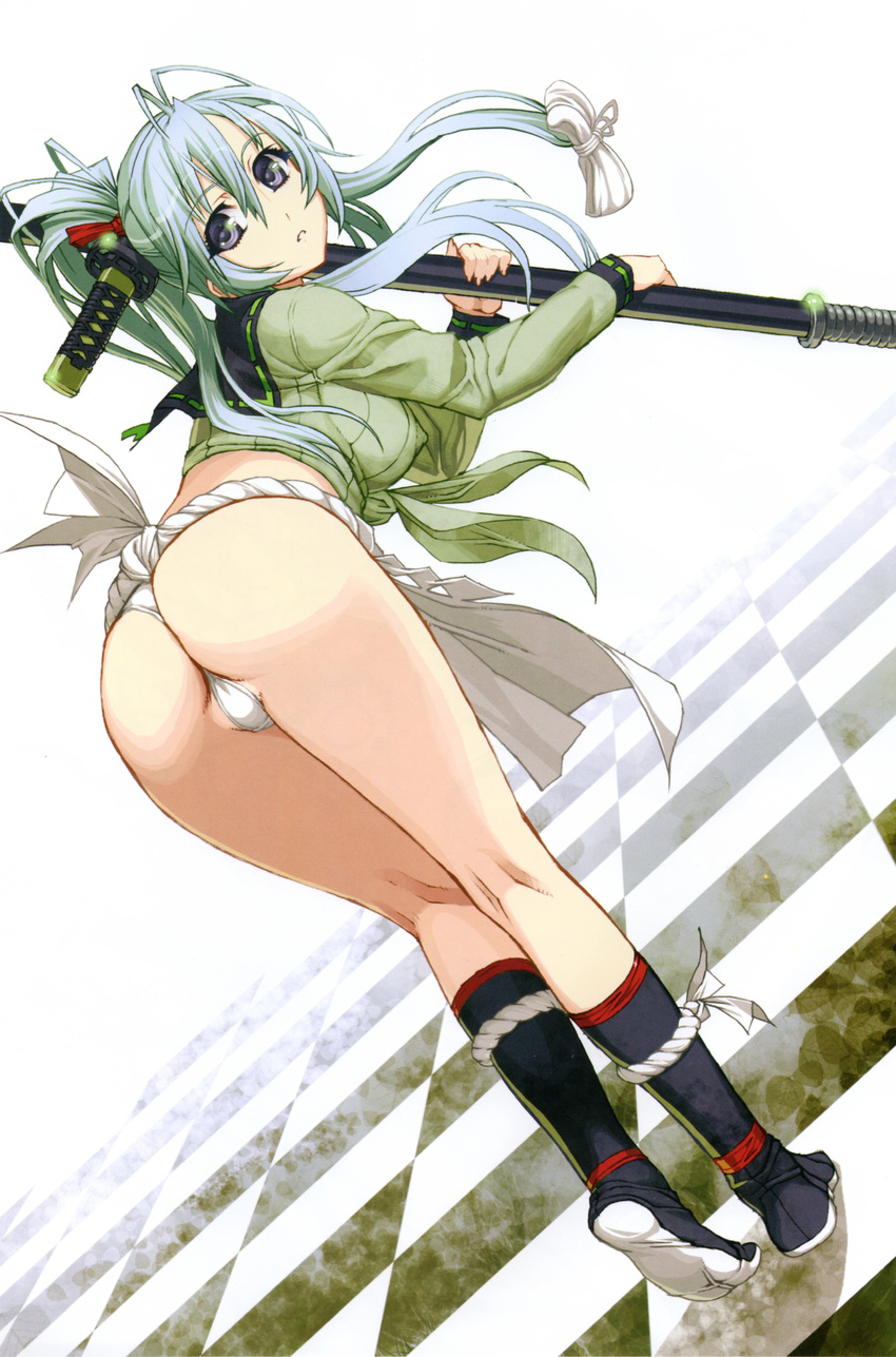 absurdres ass breasts front-tie_top fundoshi gotou_matabei green_hair highres hyakka_ryouran_samurai_girls japanese_clothes kneepits large_breasts long_hair long_sleeves looking_at_viewer looking_back nishii_(nitroplus) ponytail scan simple_background solo sword weapon