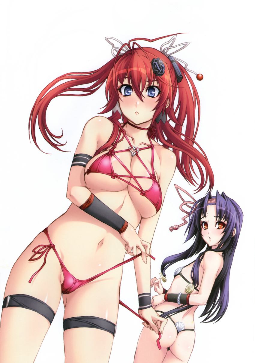 absurdres armband bangs bikini black_hair blue_eyes blush breasts collarbone eyebrows_visible_through_hair hair_ornament highres hyakka_ryouran_samurai_girls looking_at_viewer looking_back medium_breasts multiple_girls navel nishii_(nitroplus) novel_illustration official_art red_bikini red_eyes red_hair sanada_yukimura_(hyakka_ryouran) scan side-tie_bikini simple_background small_breasts swimsuit white_background wristband yagyuu_juubei_(hyakka_ryouran)