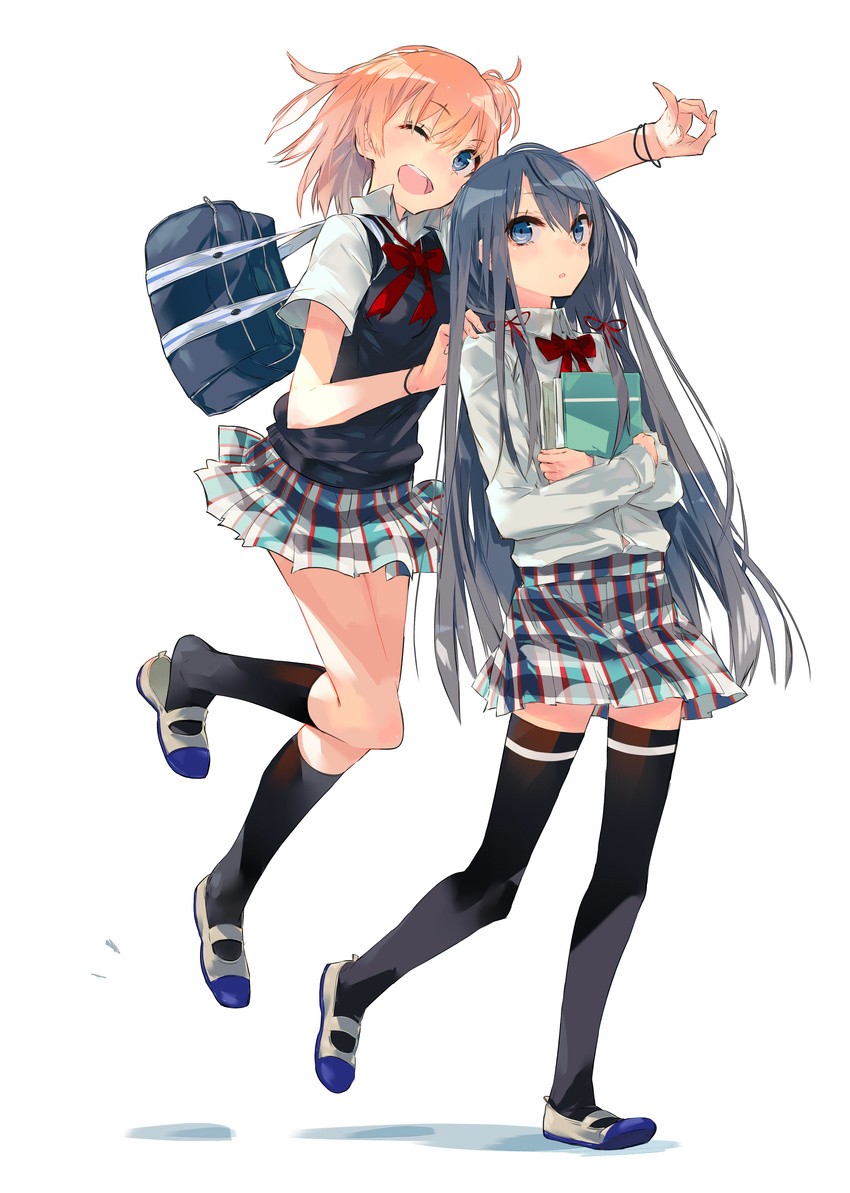 ;d absurdres bag black_hair black_legwear blue_eyes book bow bowtie hand_on_another's_shoulder highres lossy-lossless multiple_girls object_hug official_art one_eye_closed open_mouth plaid plaid_skirt pleated_skirt ponkan_8 school_bag school_uniform shoes shoulder_bag side_bun simple_background skirt smile socks thighhighs uwabaki v vest white_background wristband yahari_ore_no_seishun_lovecome_wa_machigatteiru. yuigahama_yui yukinoshita_yukino