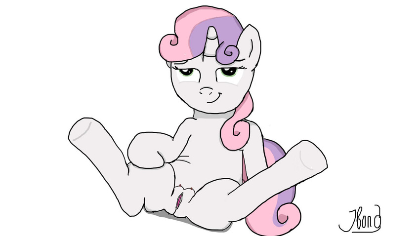 cub equine female feral friendship_is_magic fur hair horn jbond mammal my_little_pony plain_background presenting pussy signature solo spread_legs spreading sweetie_belle_(mlp) two_tone_hair unicorn white_background white_fur young