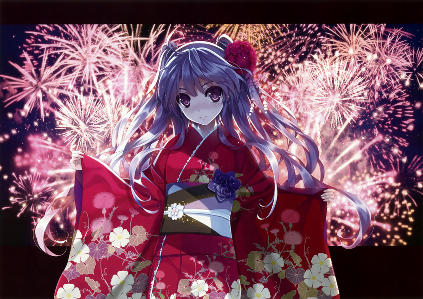 1girl absurdres blush fireworks floral_print flower full-face_blush hair_flower hair_ornament highres japanese_clothes kimono kuroya_shinobu letterboxed long_hair obi outstretched_arms purple_eyes purple_hair sash scan sleeves_past_wrists smile solo spread_arms two_side_up wide_sleeves
