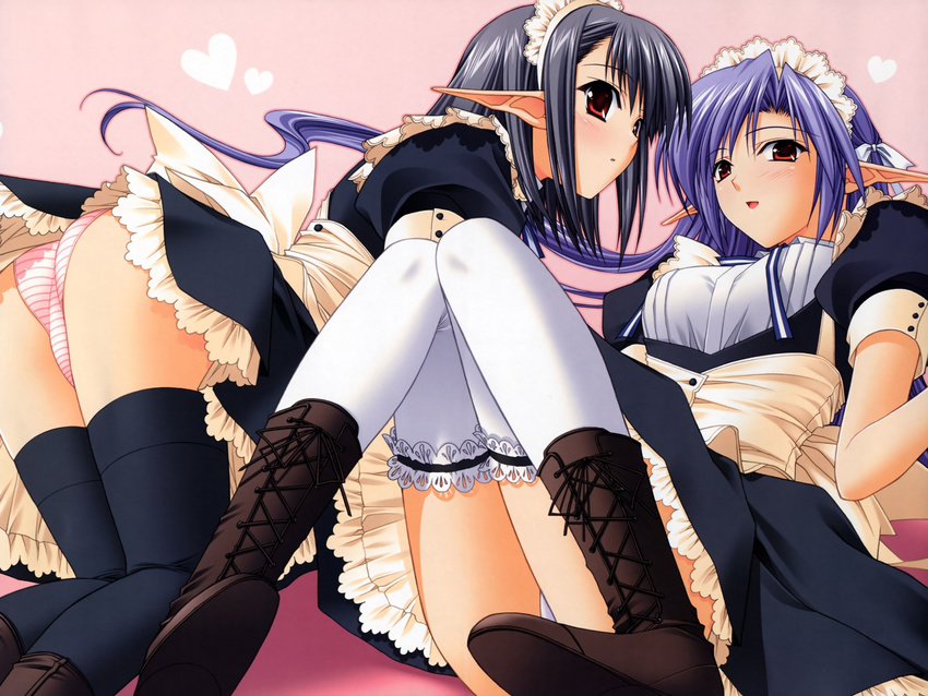 2girls :d ai_(tick!_tack!) all_fours ass bent_over black_hair black_legwear blush boots female hair_ribbon heart highres lace lace-trimmed_thighhighs looking_at_viewer maid maid_headdress multiple_girls open_mouth panties pantyshot parted_lips pink_panties pointy_ears purple_hair red_eyes ribbon sage_(tick!_tack!) shuffle! sitting smile striped striped_panties suzuhira_hiro thighhighs underwear white_legwear