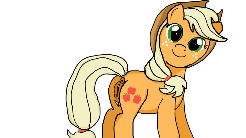 applejack_(mlp) blonde_hair breasts clothing cowboy_hat cutie_mark equine female feral freckles friendship_is_magic fur green_eyes hair hat horse jbond looking_at_viewer mammal my_little_pony orange_fur plain_background pony pose pussy smile solo standing teats white_background