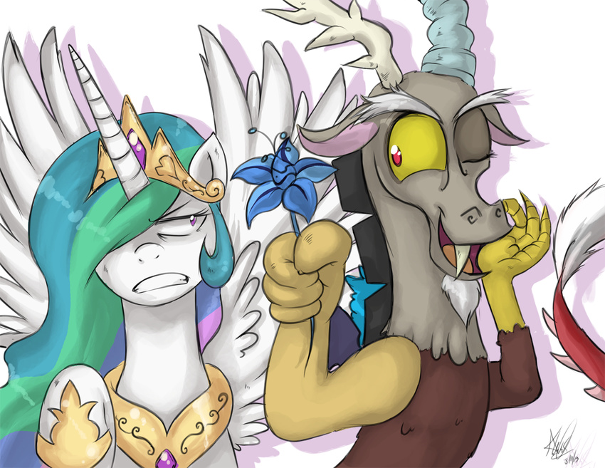 angry antler antlers claws crown discord_(mlp) draconequus equine female feral flower friendship_is_magic guardian-core hair horn horse male mammal multi-colored_hair my_little_pony necklaces one_eye_closed open_mouth paws plain_background pony princess princess_celestia_(mlp) purple_eyes red_eyes royalty smile teeth tongue tooth white_background winged_unicorn wings wink