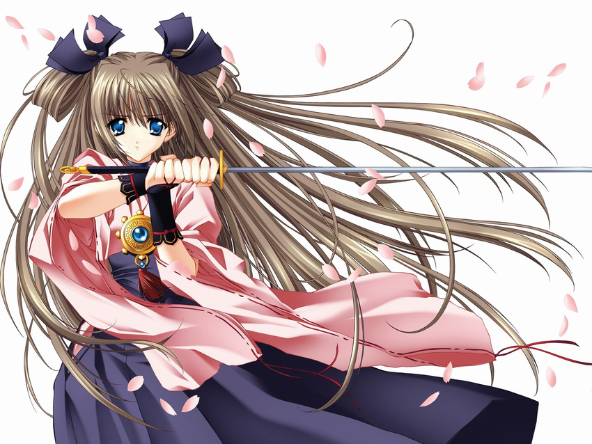 blue_eyes bow brown_hair carnelian duplicate gauntlets hakama highres japanese_clothes long_hair petals push!! samurai solo sword weapon