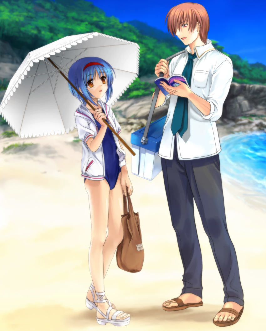 1girl absurdres bag beach book cooler day highres hood hoodie jacket jacket_over_swimsuit little_busters! mutsuki_(moonknives) natsume_kyousuke necktie nishizono_mio one-piece_swimsuit parasol sandals school_swimsuit school_uniform swimsuit umbrella