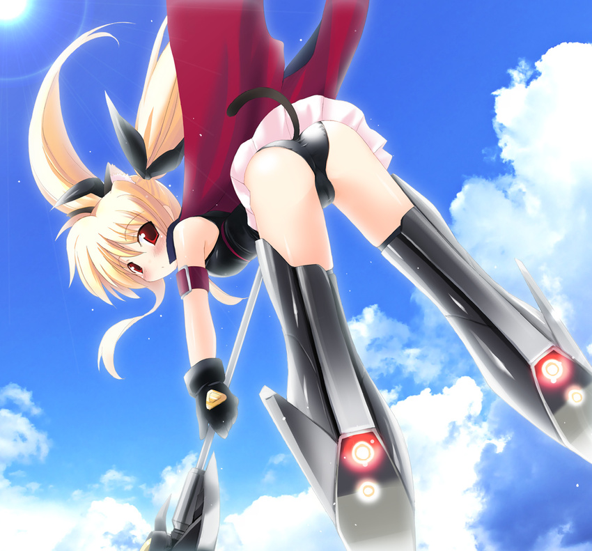 animal_ears arm_strap armor bangs bardiche bare_shoulders beltbra bent_over black_gloves blonde_hair blush breasts buckle cameltoe cape cat_ears cat_tail cloud day dutch_angle fate_testarossa floating_hair flying from_behind full_body gloves greaves hair_between_eyes halberd holding holding_weapon kemonomimi_mode legs_apart lens_flare leotard long_hair looking_at_viewer looking_back lyrical_nanoha magical_girl mahou_shoujo_lyrical_nanoha mahou_shoujo_lyrical_nanoha_a's miniskirt outdoors pleated_skirt polearm red_eyes ribbon sdwing sidelocks skirt sky small_breasts solo striker_unit sun tail thighhighs thrusters twintails upskirt very_long_hair weapon world_witches_series